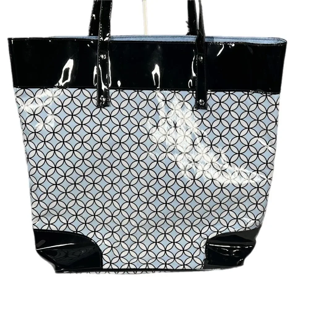 Philosophy Light Blue, White & Black Patent Leather Tote Bag New